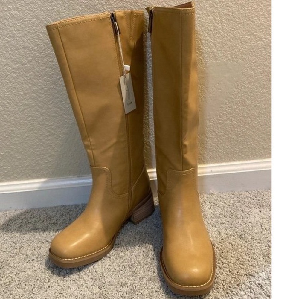 NWT Joie Tan Tall Zip Block Heel Boots Round Toe Women's Size 7